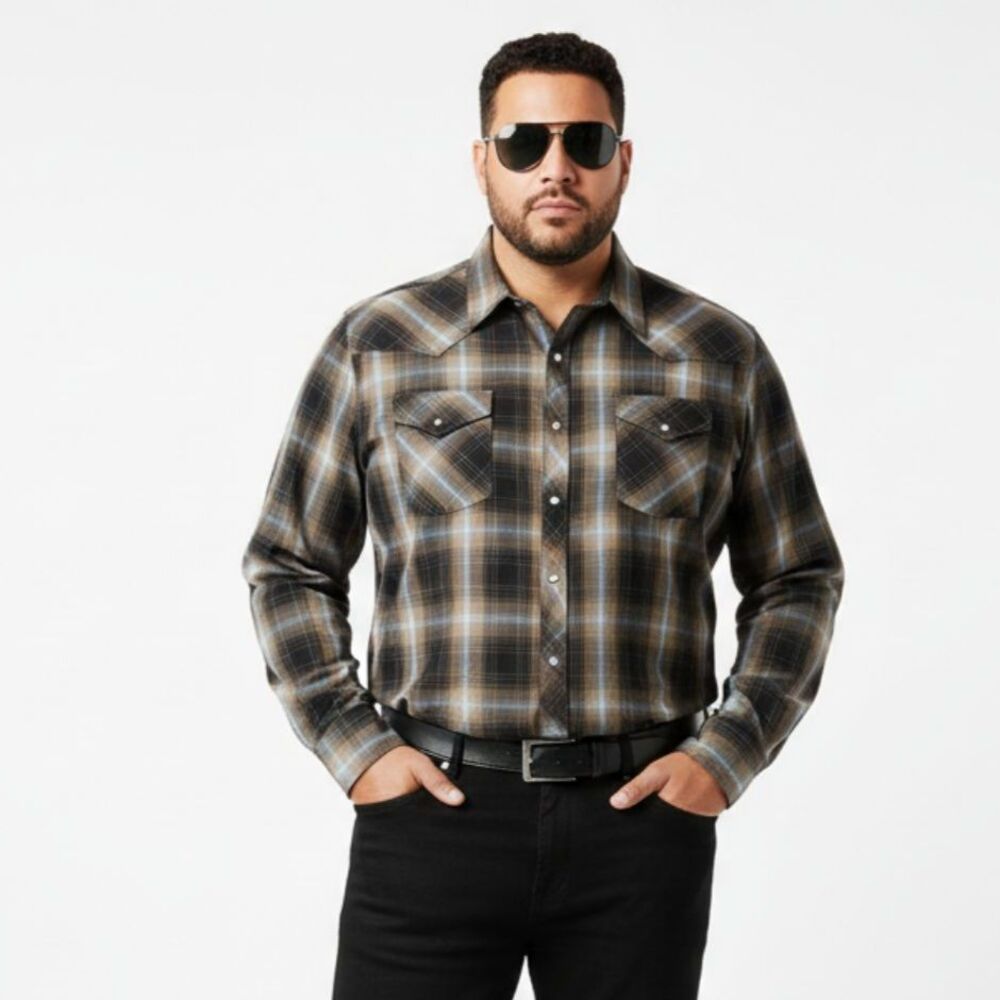 Bit & Bridle Blue & Tan Plaid Pearl Snap Long Sleeve Cowboy Western Shirt 2X